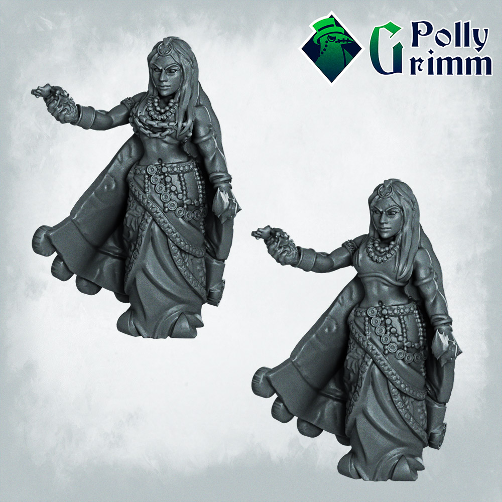 Fantasy and historic miniatures for tabletop games. Arabian Nightmare. Werehyena, human form. Priestess with heart and dagger